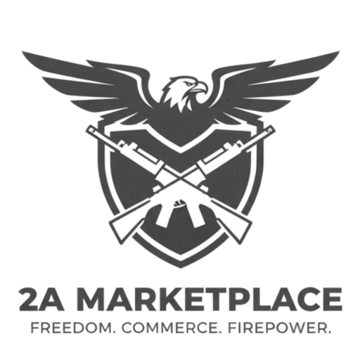 A black and white logo featuring an eagle above crossed rifles and a shield, with the text 2A Marketplace and the tagline Freedom. Commerce. Firepower. below the graphic.
