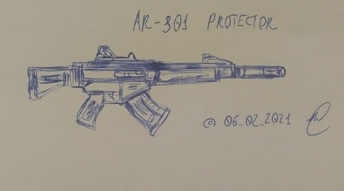 2A Marketplace: Private Firearm Classifieds A blue ink sketch of a rifle labeled AK-304 PROTECTOR with a copyright date of 06.02.2021 written beneath it, along with an initial or signature on the right side. Private sale of guns.