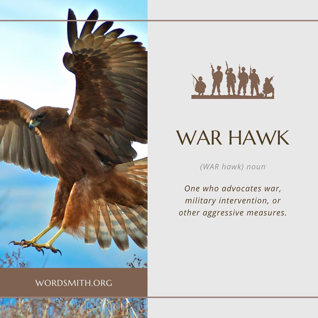 2A Marketplace: Private Firearm Classifieds A hawk with outstretched wings flies next to the definition of war hawk, which is described as someone who supports war or aggressive actions. Silhouettes of soldiers appear above the text. Private sale of guns.